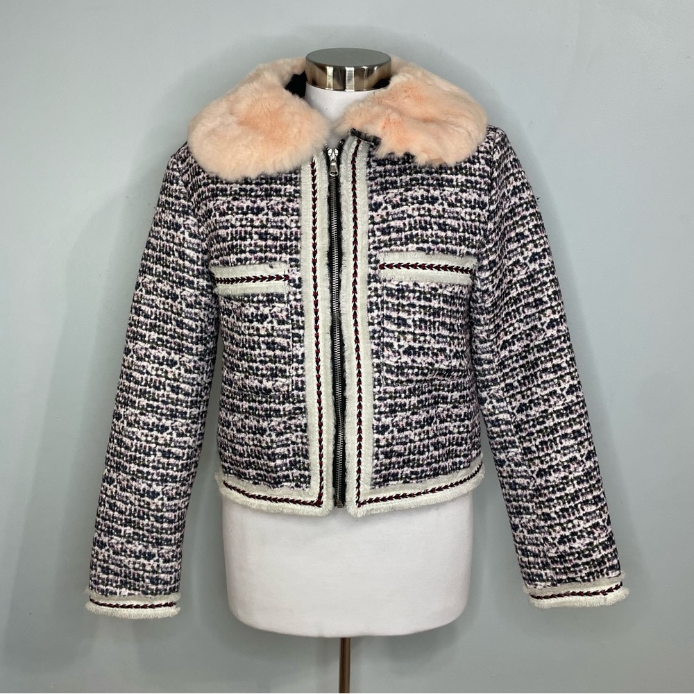 Tweed Cropped Jacket With Faux Fur Trim Full Zip Quilted Lining Women’s Size S